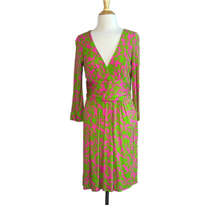 MILLY Women Small 100% Silk Long Sleeve‎ Surplice Pink Green Dress Lightweight